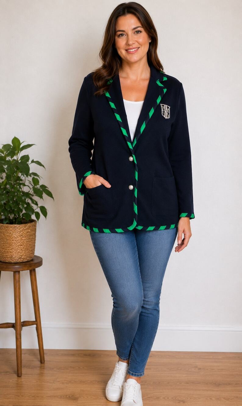 Ralph Lauren Women’s Stripe Trim Knit Jacket Blazer RL Logo Navy Blue Size XL